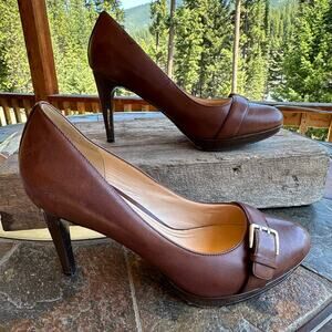 Cole Haan Nike Air Brown Leather Stiletto Heels 10B Gold Buckle Classy Coquette